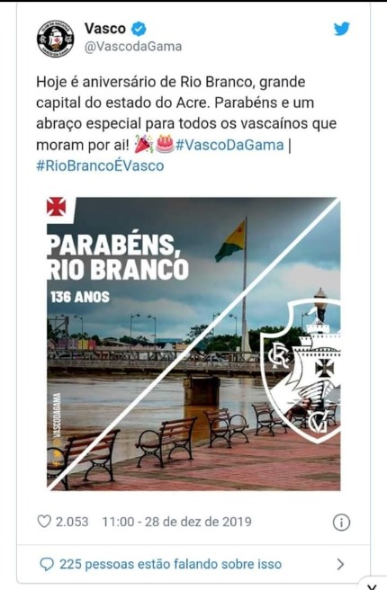 Vasco da Gama comete gafe ao parabenizar Rio Branco: "136 anos"